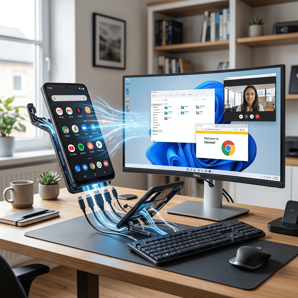 Smartphone connected to a desktop monitor showing file explorer, video call, and Chrome browser windows.