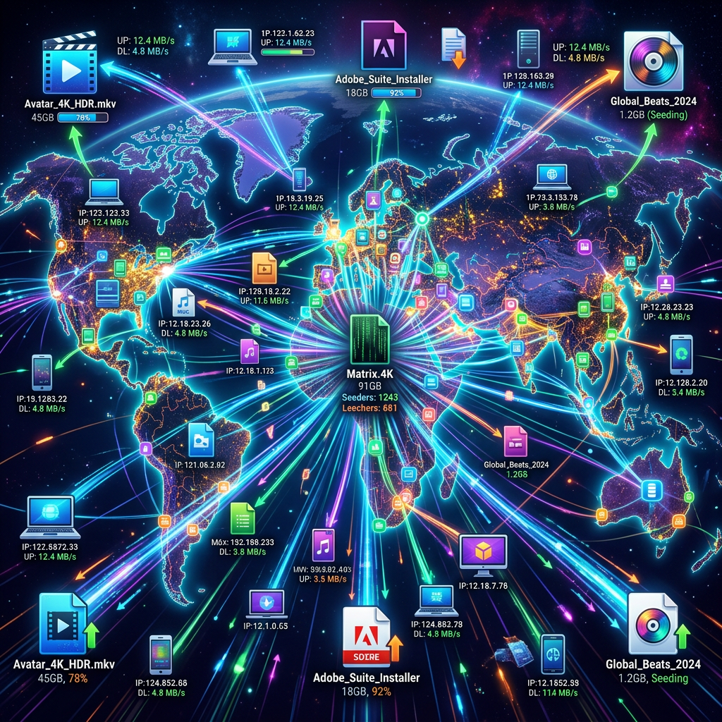 World map showing interconnected devices exchanging large files via peer-to-peer network